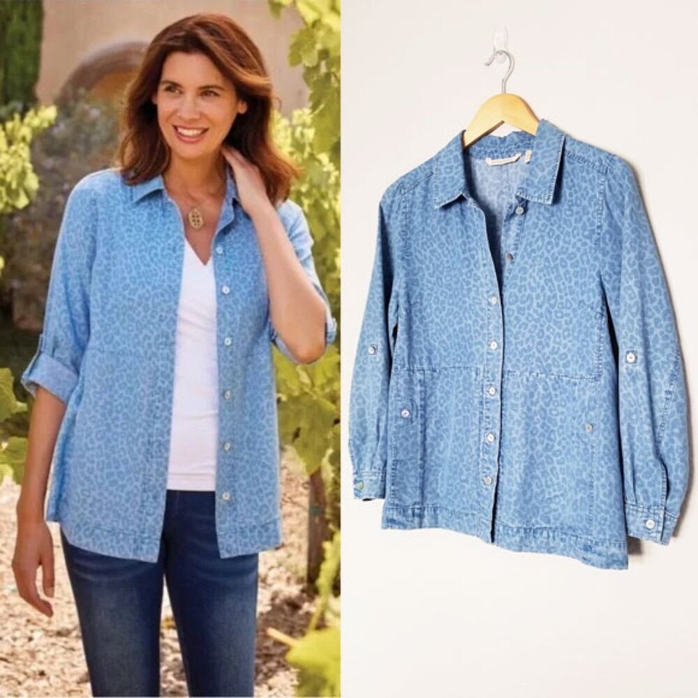 Soft Surroundings Leopard Thelma Chambray Long‎ Sleeve Button Down Shirt XSP